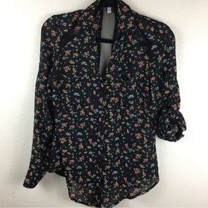 Bongo Women's Black Floral Mesh Details Button Up Blouse Size M